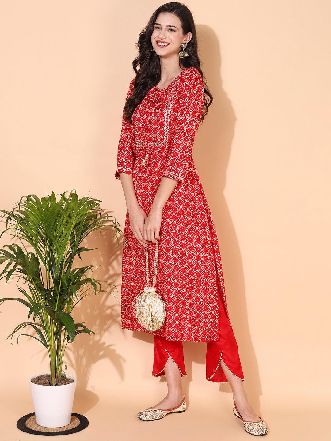 Bandhani Printed & Embroidered Straight Kurta with Pants - Red - Indiakreations