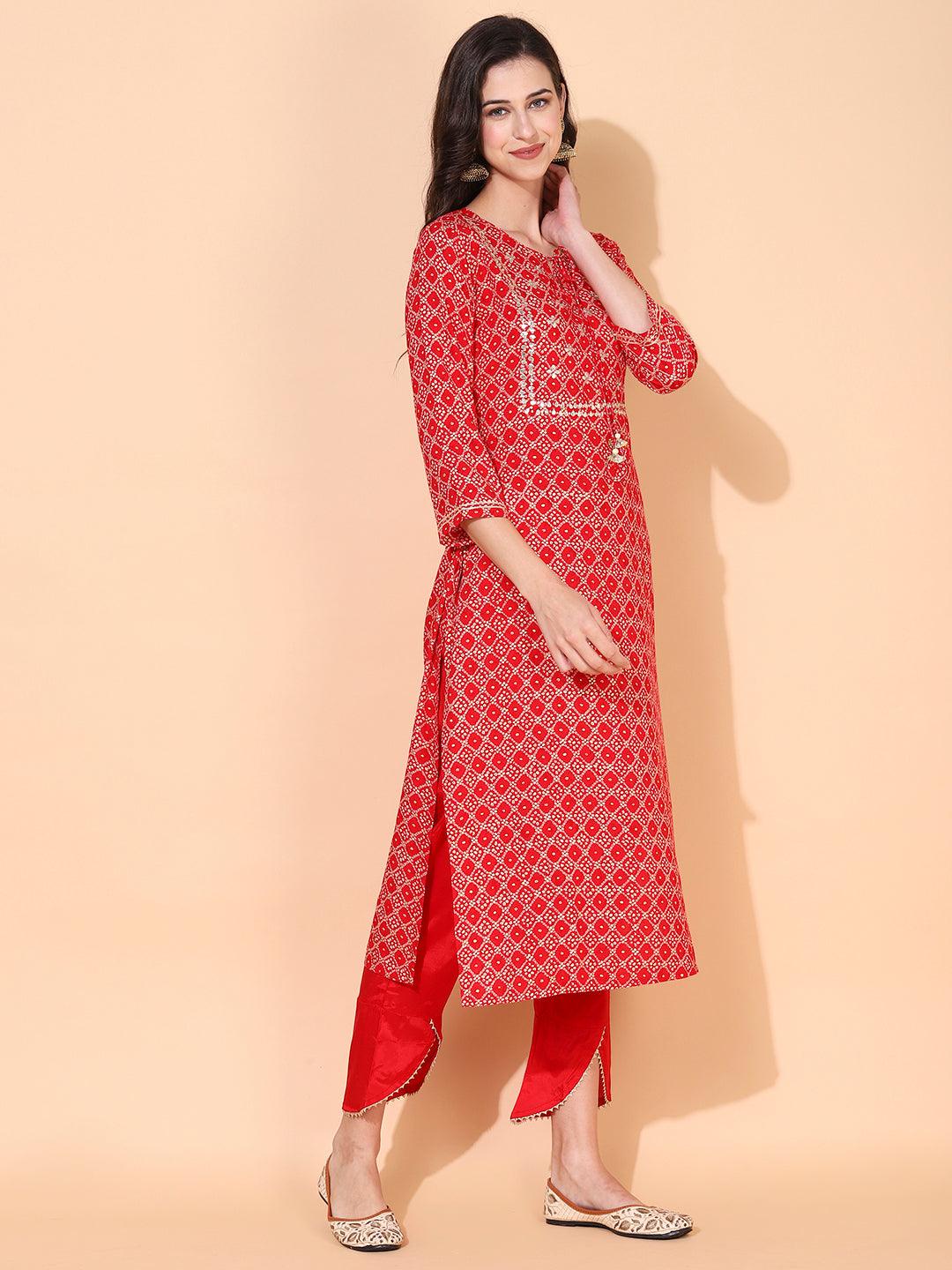 Bandhani Printed & Embroidered Straight Kurta with Pants - Red - Indiakreations