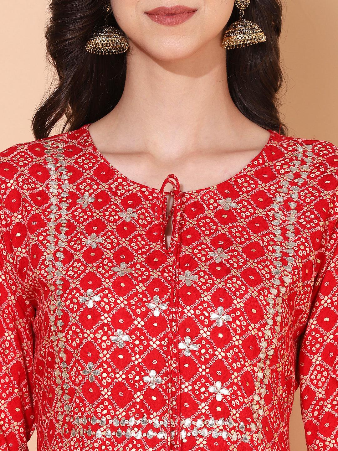 Bandhani Printed & Embroidered Straight Kurta with Pants - Red - Indiakreations