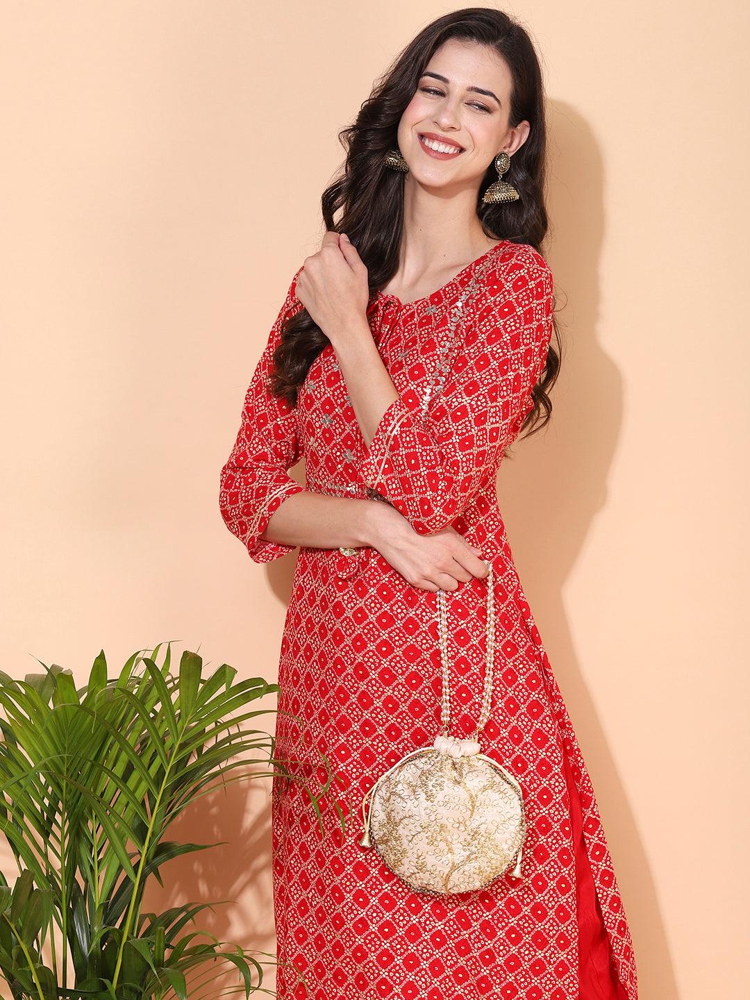 Bandhani Printed & Embroidered Straight Kurta with Pants - Red - Indiakreations