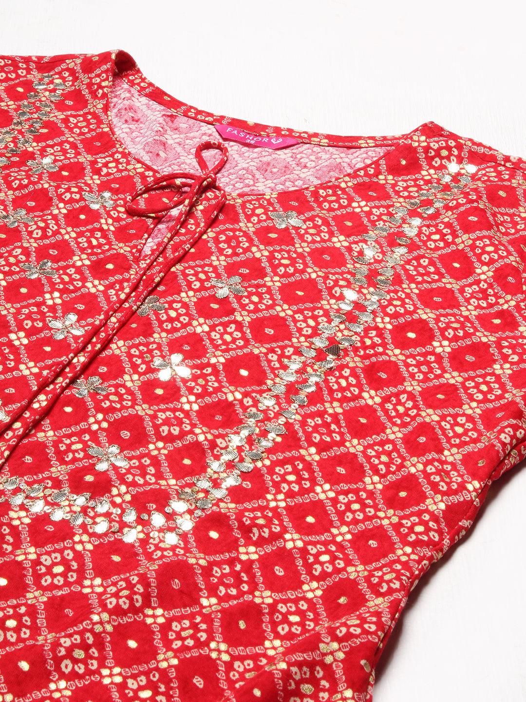 Bandhani Printed & Embroidered Straight Kurta with Pants - Red - Indiakreations