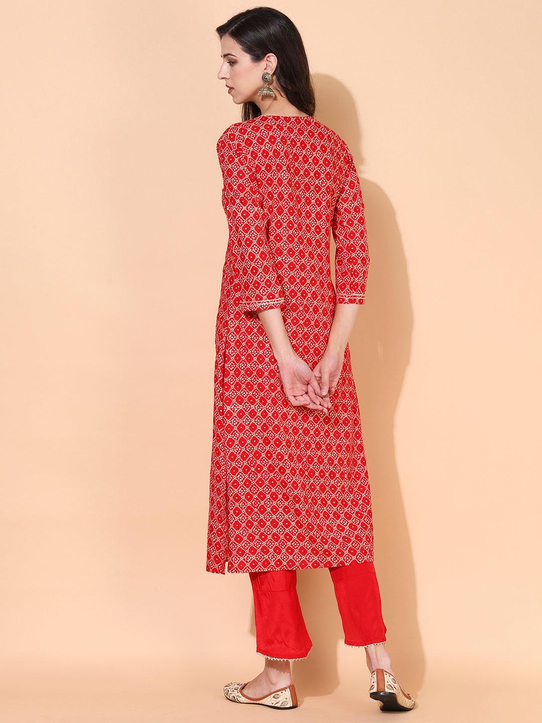 Bandhani Printed & Embroidered Straight Kurta with Pants - Red - Indiakreations