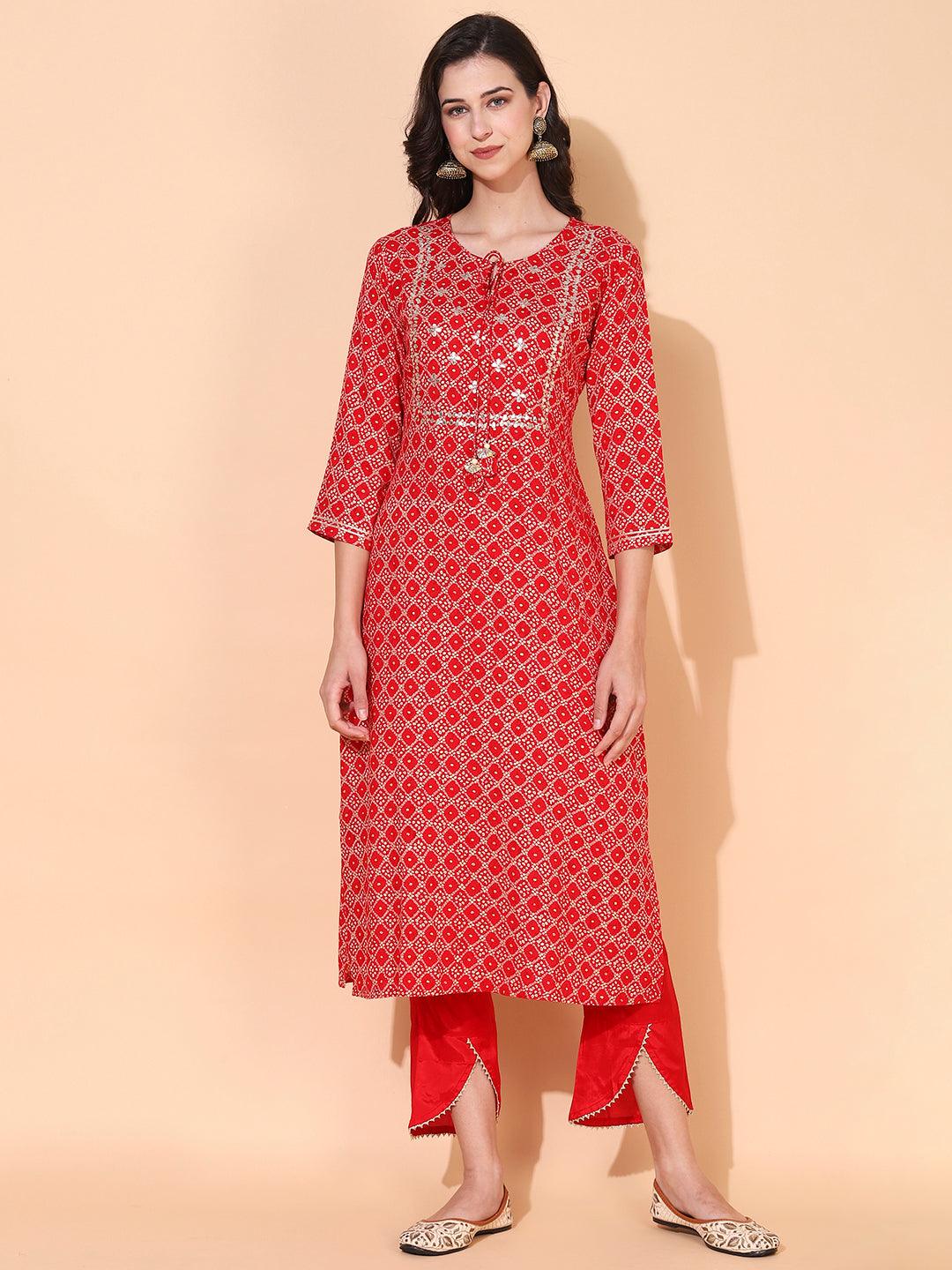 Bandhani Printed & Embroidered Straight Kurta with Pants - Red - Indiakreations