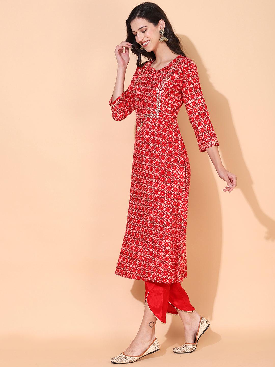 Bandhani Printed & Embroidered Straight Kurta with Pants - Red - Indiakreations