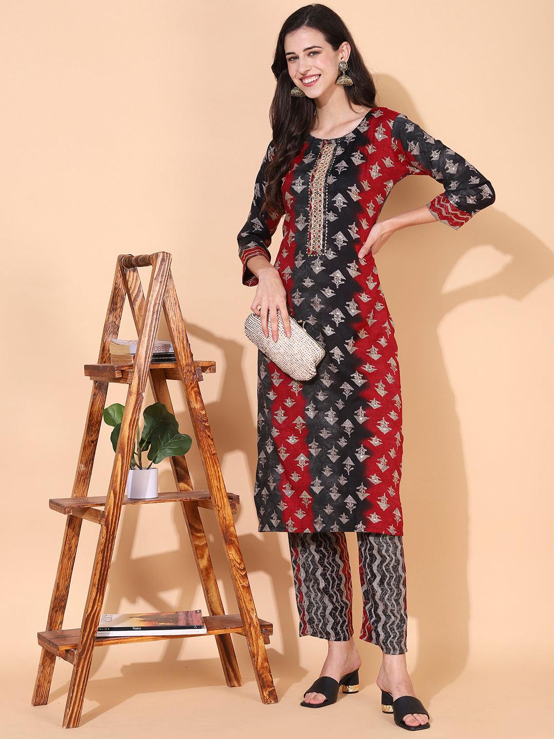 Ethnic Printed & Hand Embroidered Straight Fit Kurta with Pant - Multi - Indiakreations