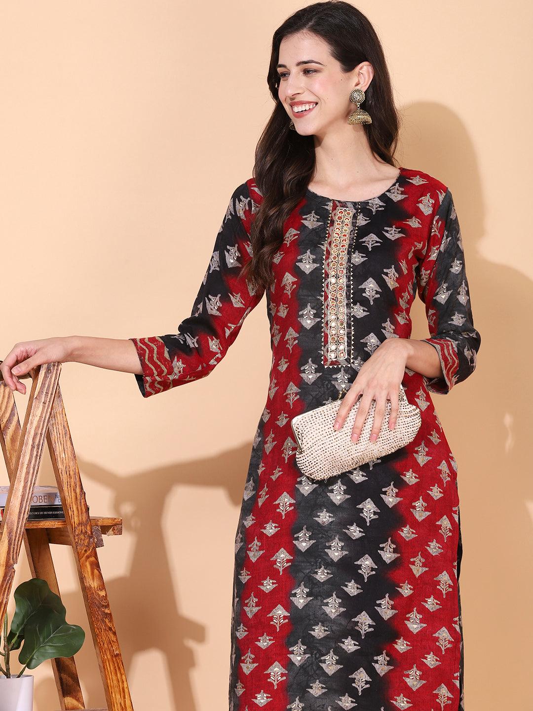 Ethnic Printed & Hand Embroidered Straight Fit Kurta with Pant - Multi - Indiakreations