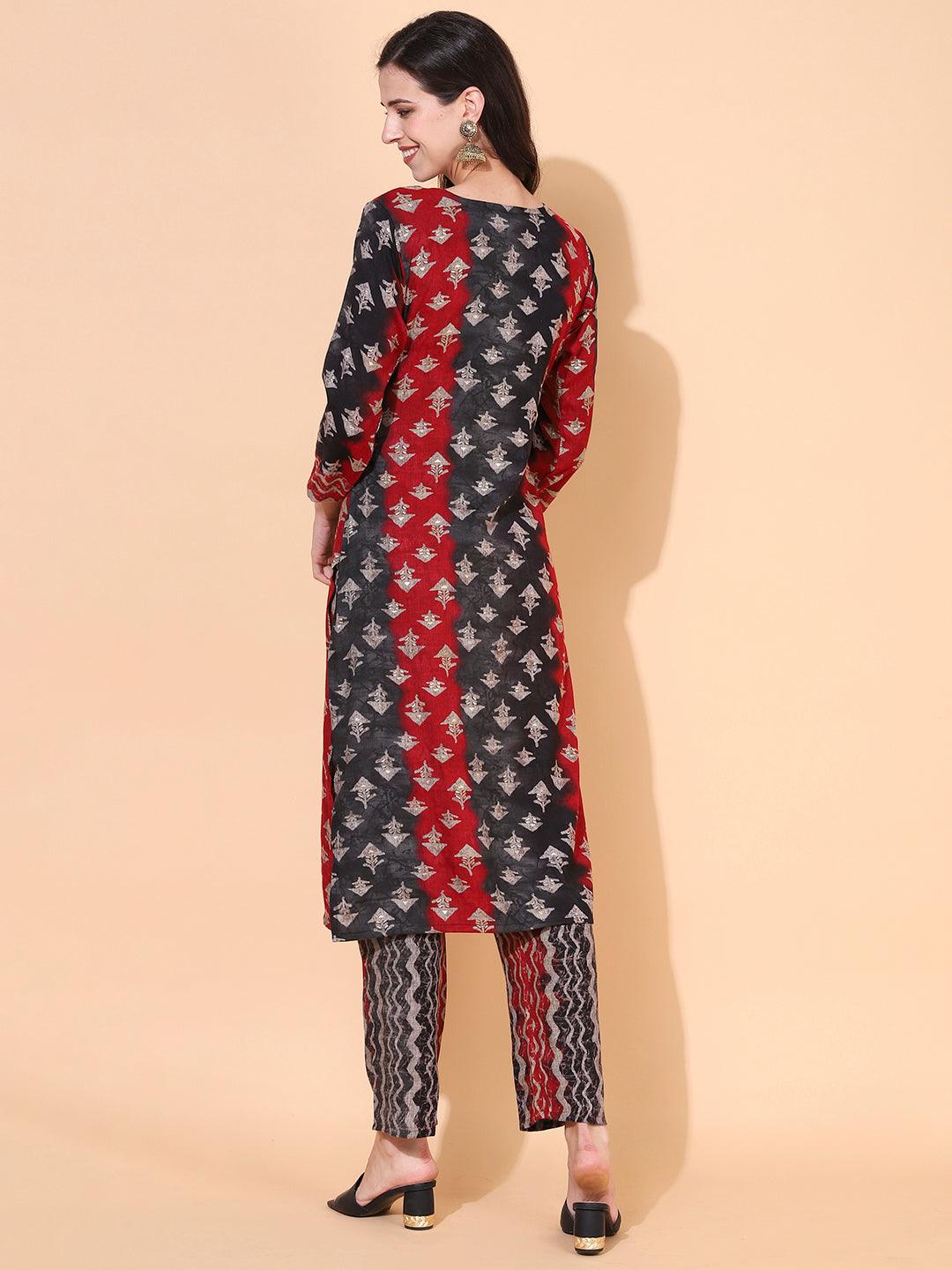 Ethnic Printed & Hand Embroidered Straight Fit Kurta with Pant - Multi - Indiakreations