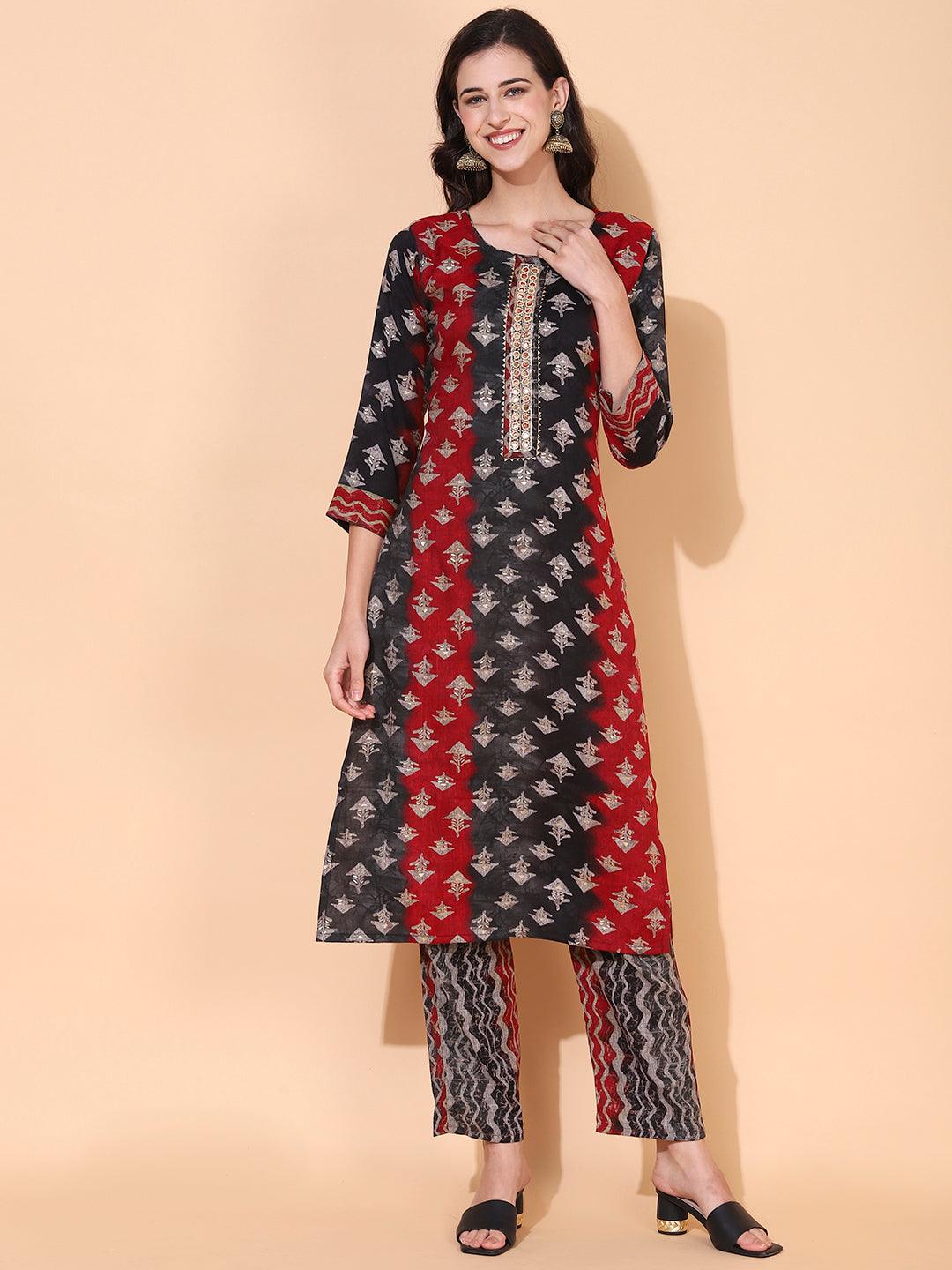 Ethnic Printed & Hand Embroidered Straight Fit Kurta with Pant - Multi - Indiakreations