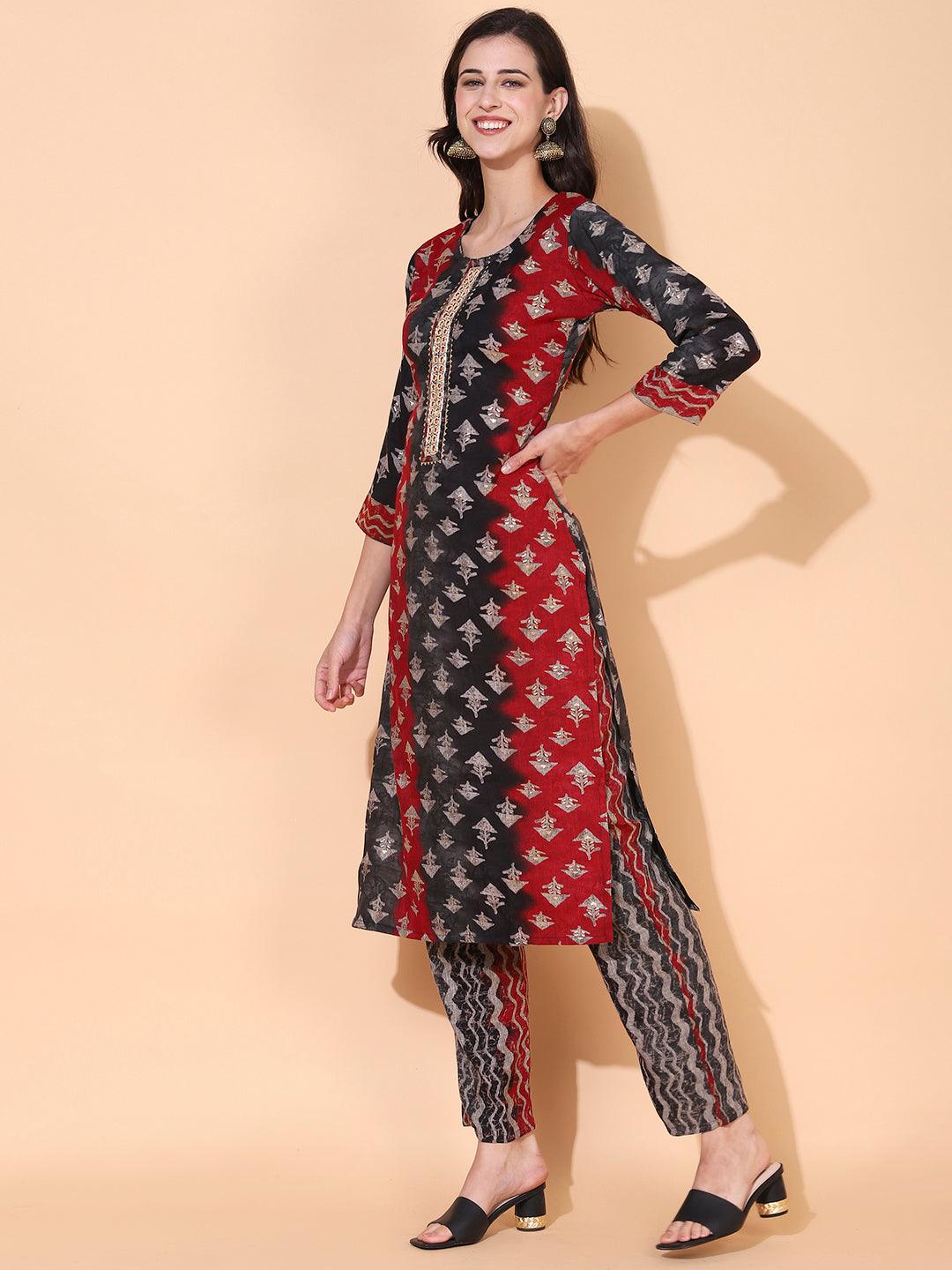 Ethnic Printed & Hand Embroidered Straight Fit Kurta with Pant - Multi - Indiakreations