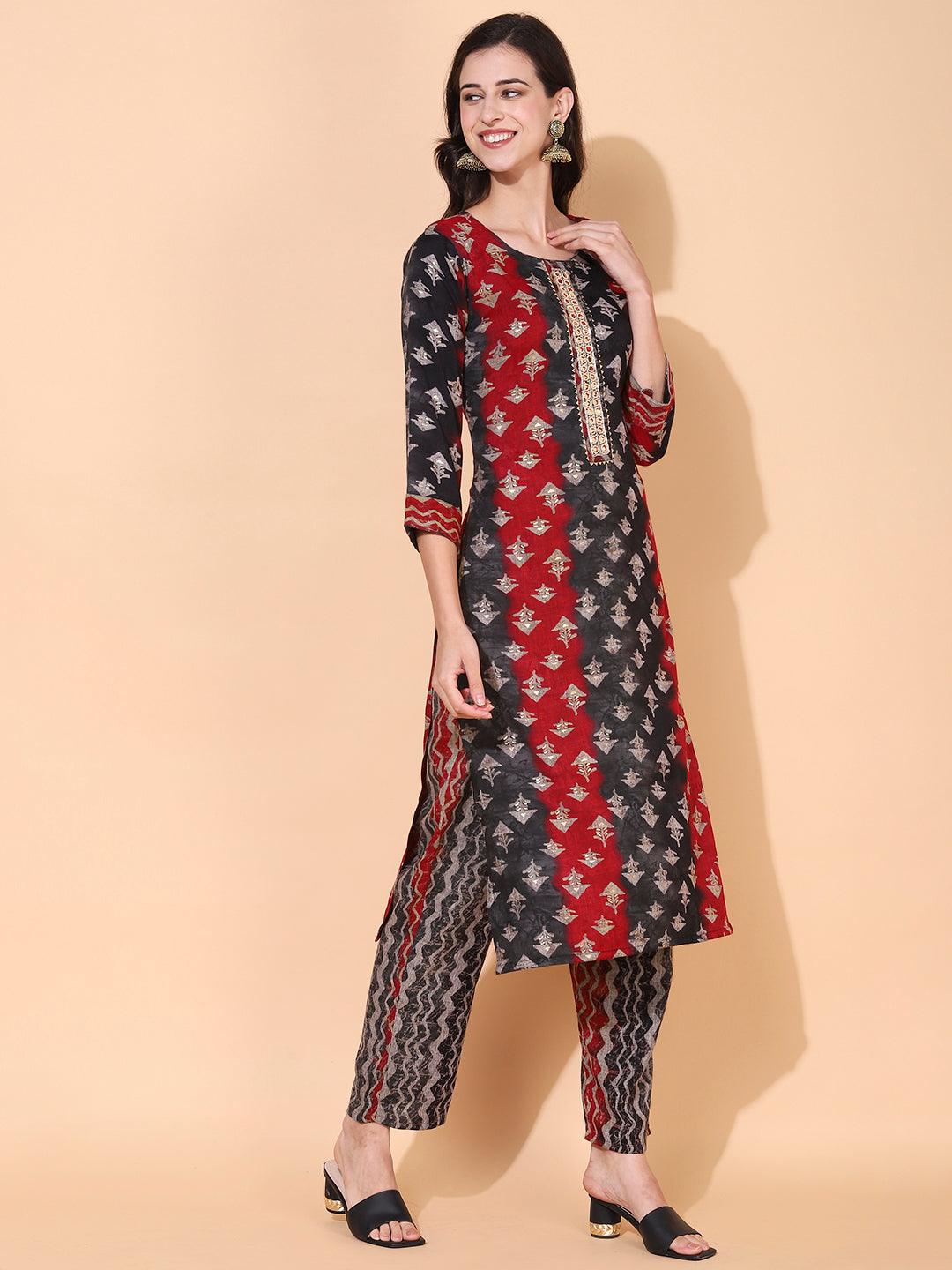 Ethnic Printed & Hand Embroidered Straight Fit Kurta with Pant - Multi - Indiakreations