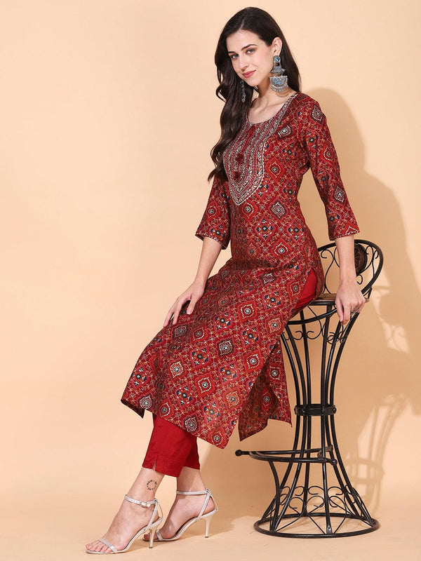 Ethnic Printed & Embroidered Straight Fit Kurta with Pants - Maroon - Indiakreations