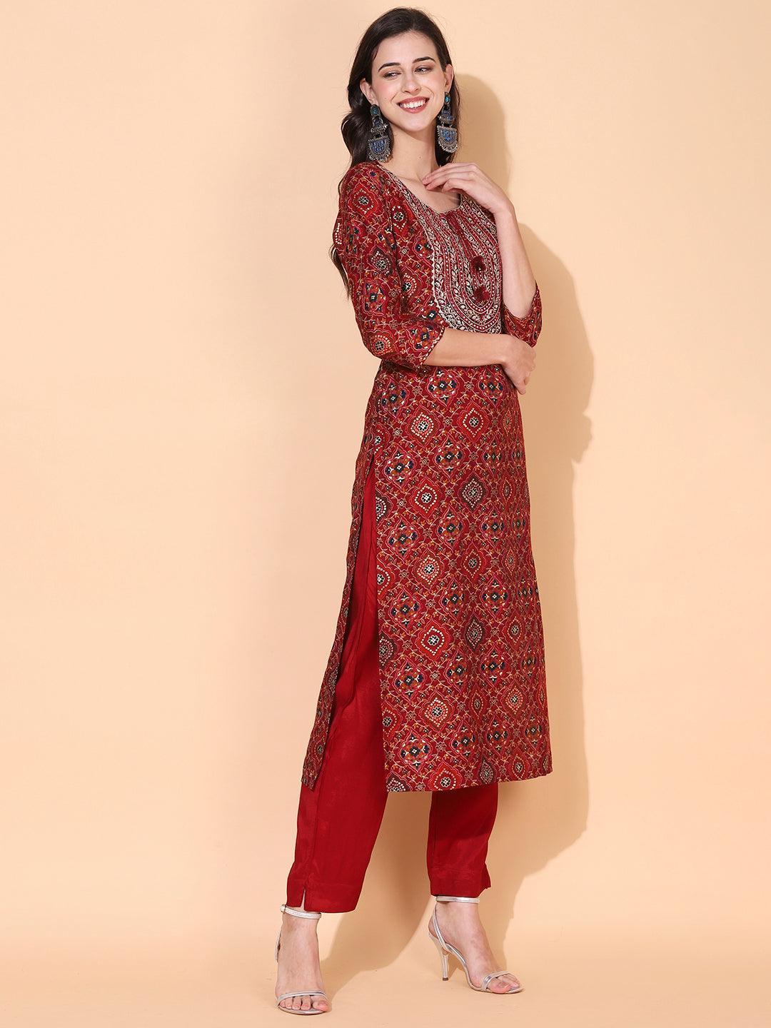 Ethnic Printed & Embroidered Straight Fit Kurta with Pants - Maroon - Indiakreations