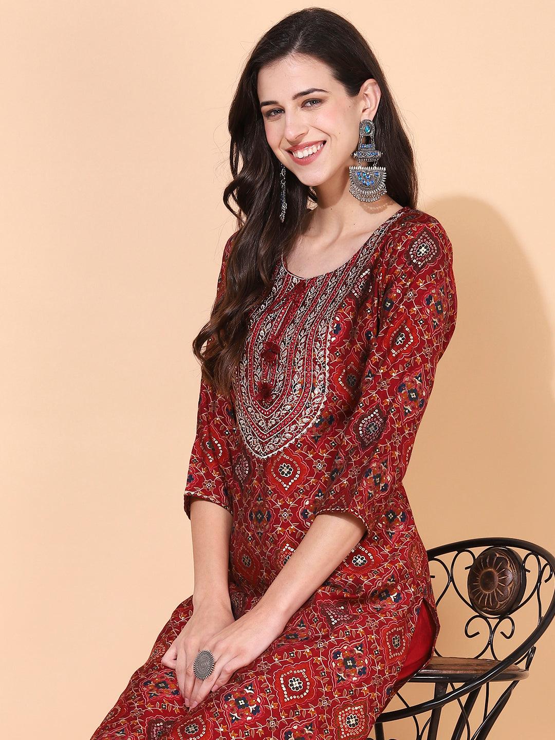 Ethnic Printed & Embroidered Straight Fit Kurta with Pants - Maroon - Indiakreations