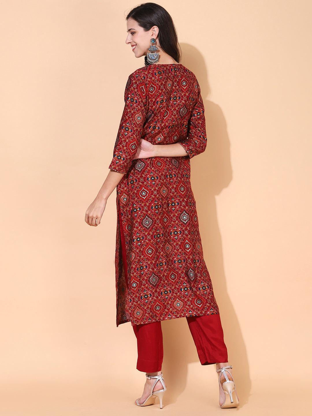 Ethnic Printed & Embroidered Straight Fit Kurta with Pants - Maroon - Indiakreations