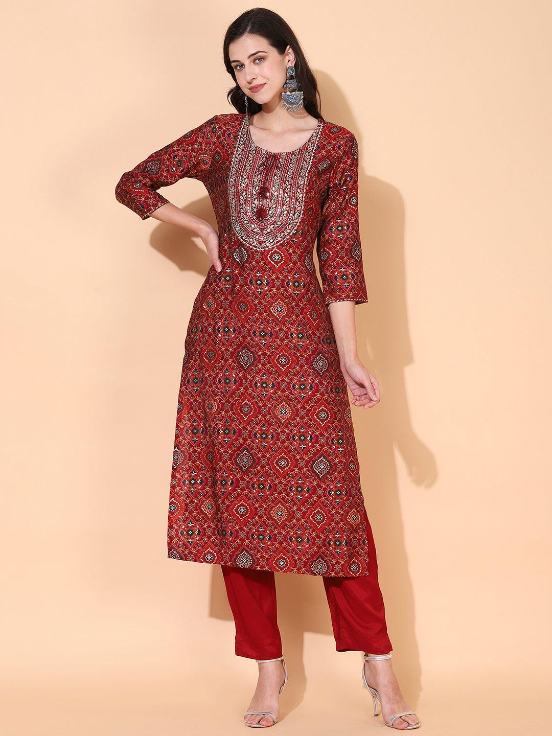 Ethnic Printed & Embroidered Straight Fit Kurta with Pants - Maroon - Indiakreations