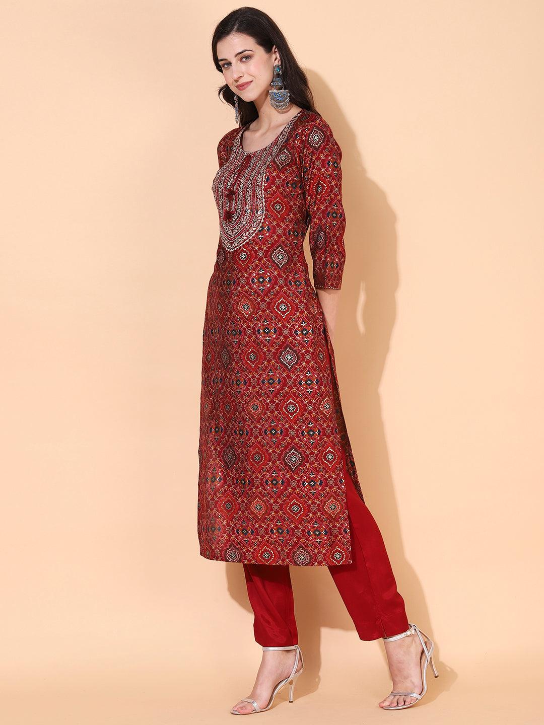 Ethnic Printed & Embroidered Straight Fit Kurta with Pants - Maroon - Indiakreations