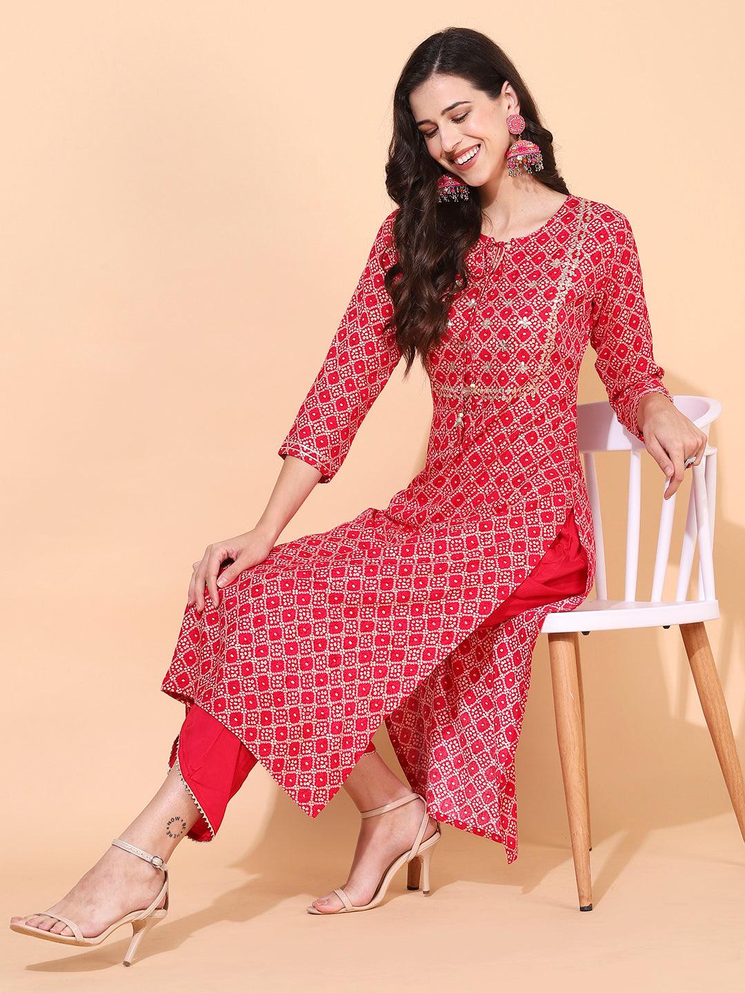 Bandhani Printed & Embroidered Straight Kurta with Pants - Magenta - Indiakreations