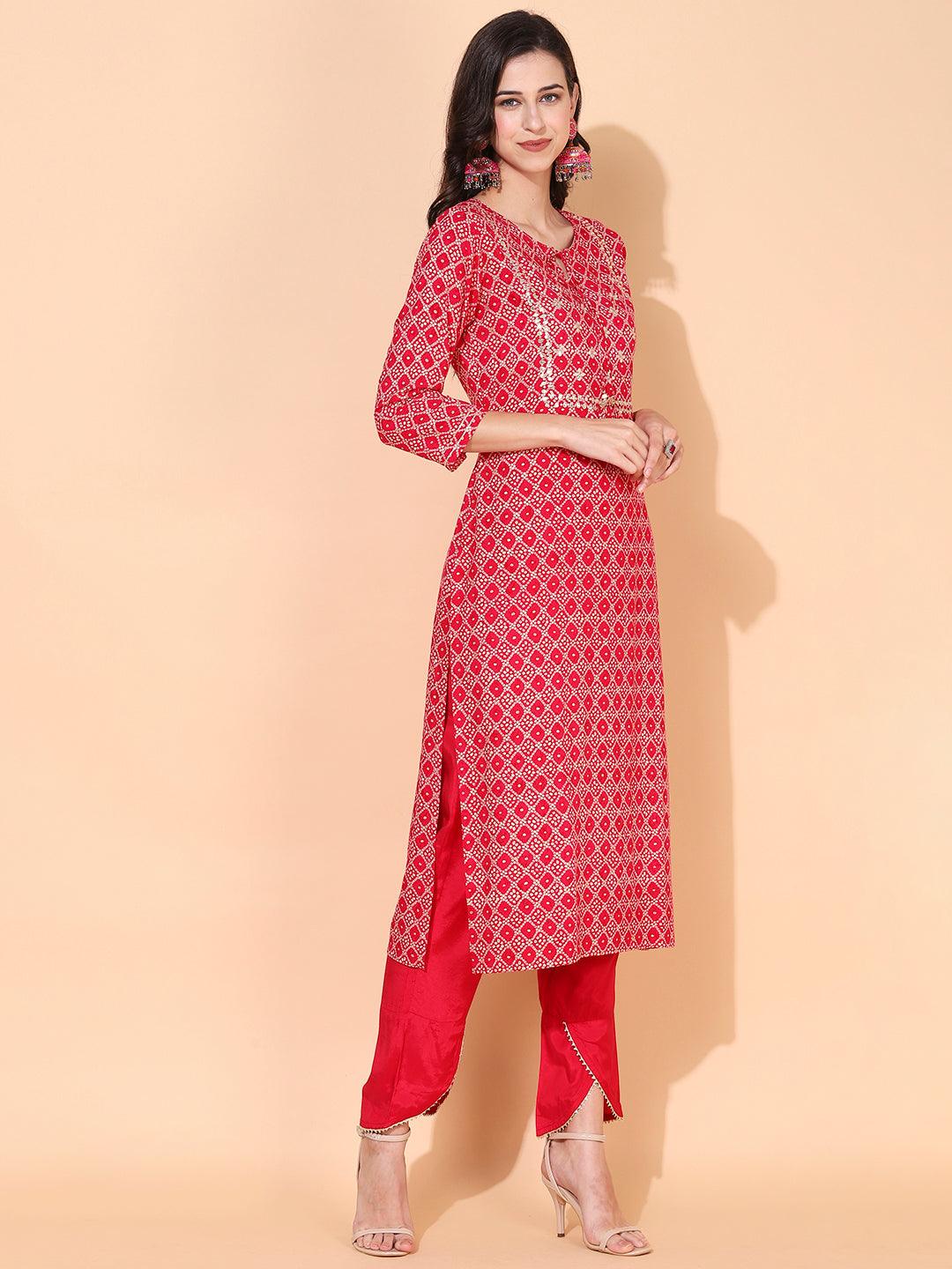 Bandhani Printed & Embroidered Straight Kurta with Pants - Magenta - Indiakreations