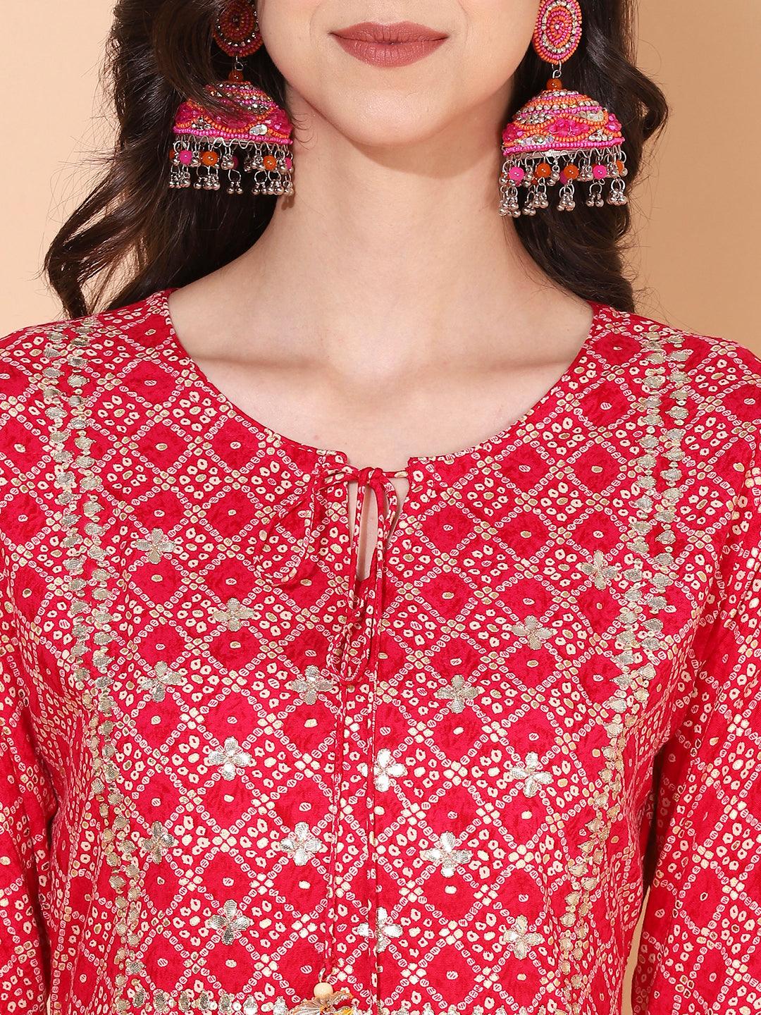 Bandhani Printed & Embroidered Straight Kurta with Pants - Magenta - Indiakreations