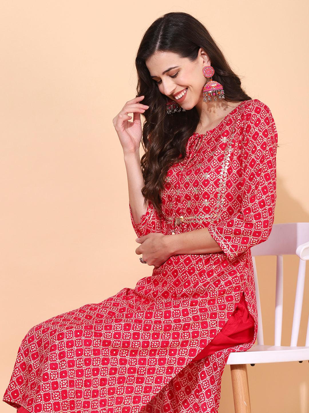 Bandhani Printed & Embroidered Straight Kurta with Pants - Magenta - Indiakreations