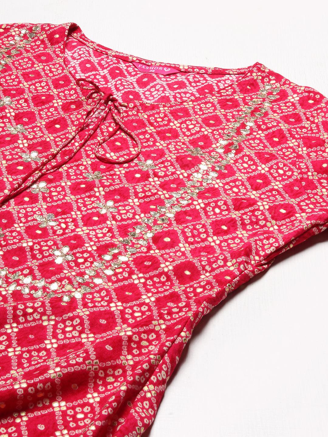 Bandhani Printed & Embroidered Straight Kurta with Pants - Magenta - Indiakreations