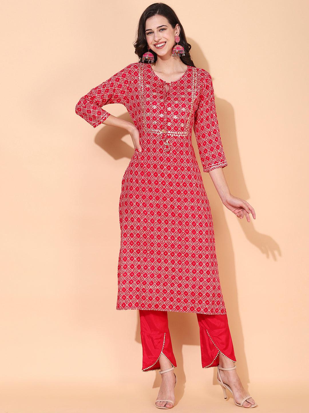 Bandhani Printed & Embroidered Straight Kurta with Pants - Magenta - Indiakreations