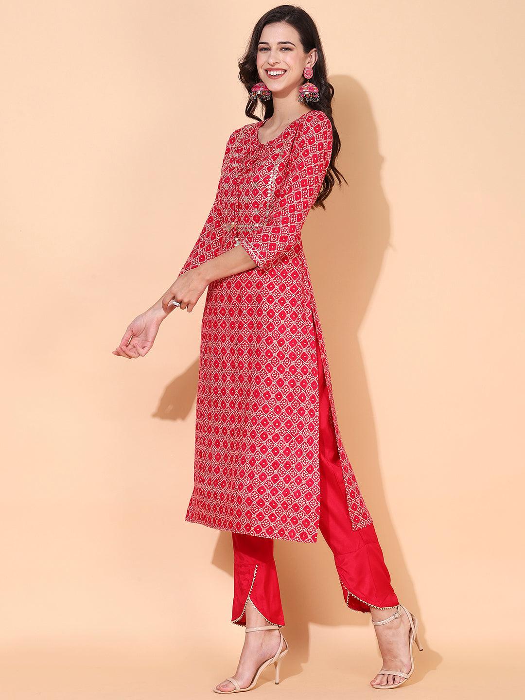 Bandhani Printed & Embroidered Straight Kurta with Pants - Magenta - Indiakreations