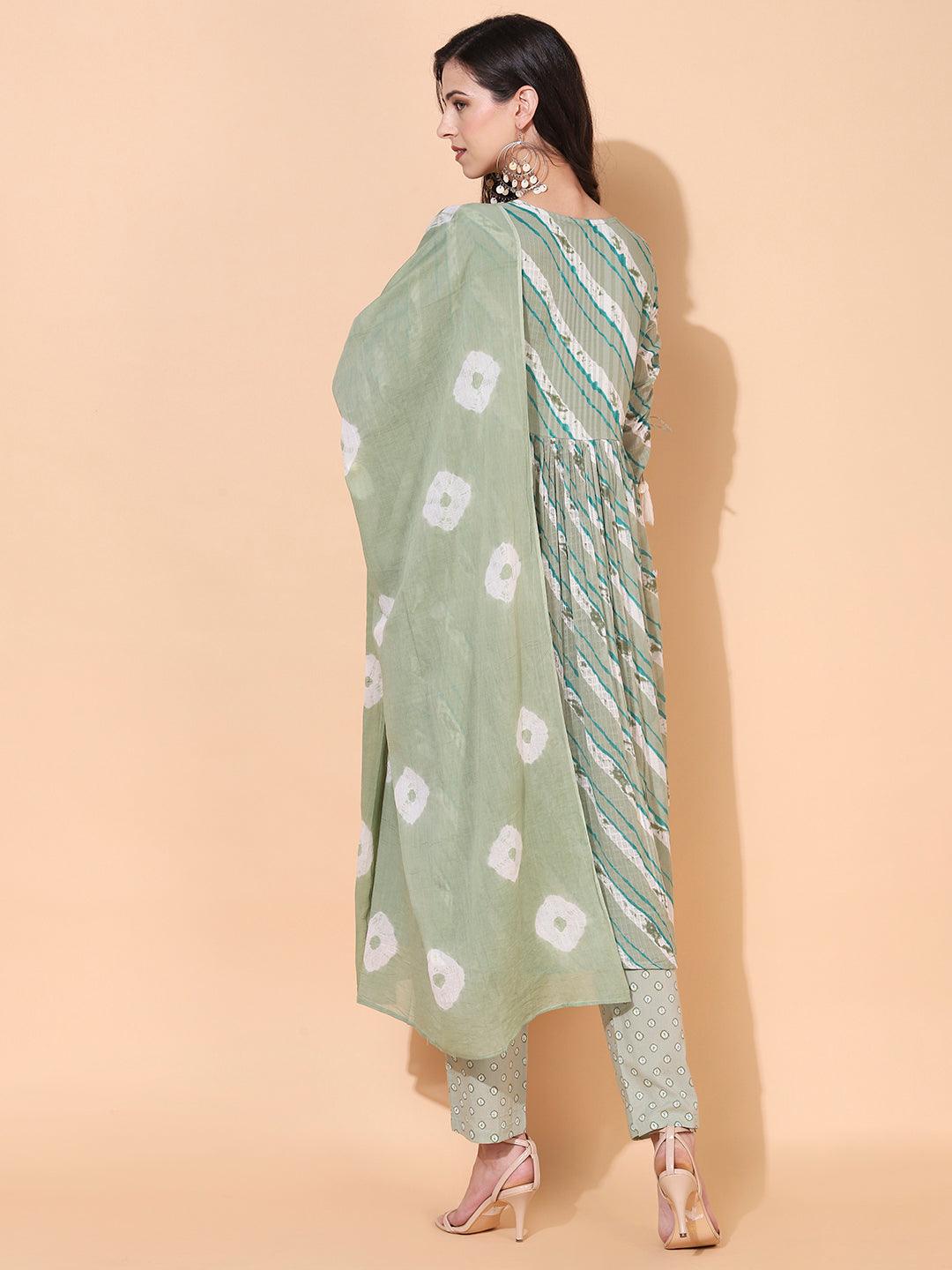 Ethnic Printed A-Line Kurta with Pants & Dupatta - Sage Green - Indiakreations