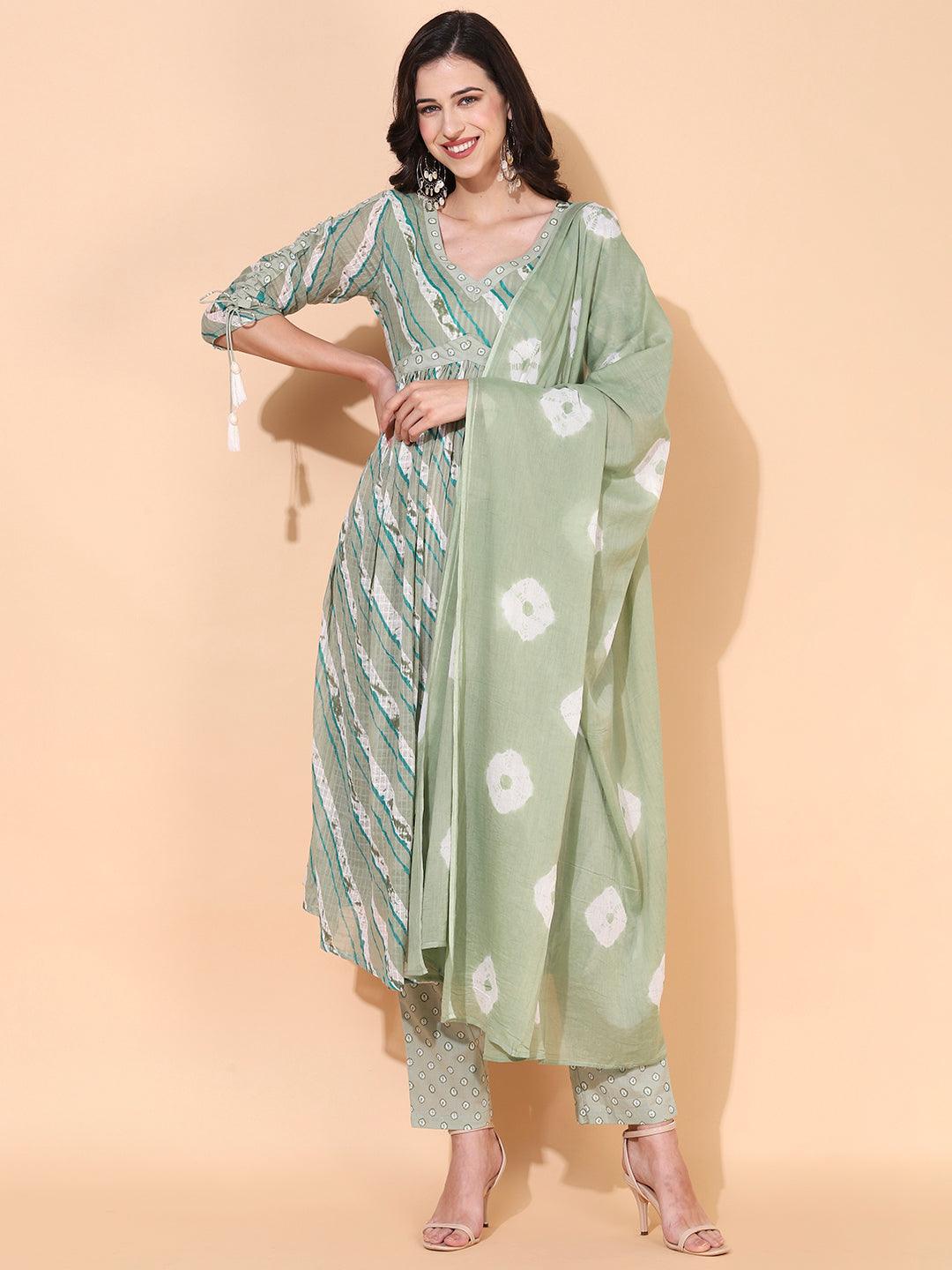 Ethnic Printed A-Line Kurta with Pants & Dupatta - Sage Green - Indiakreations