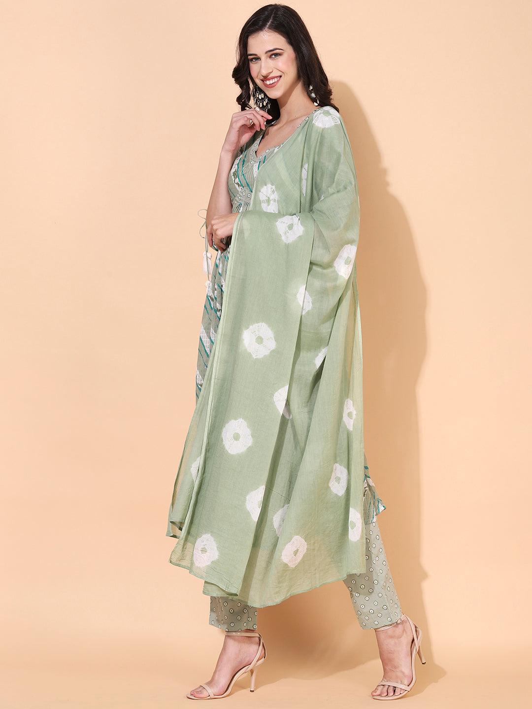 Ethnic Printed A-Line Kurta with Pants & Dupatta - Sage Green - Indiakreations