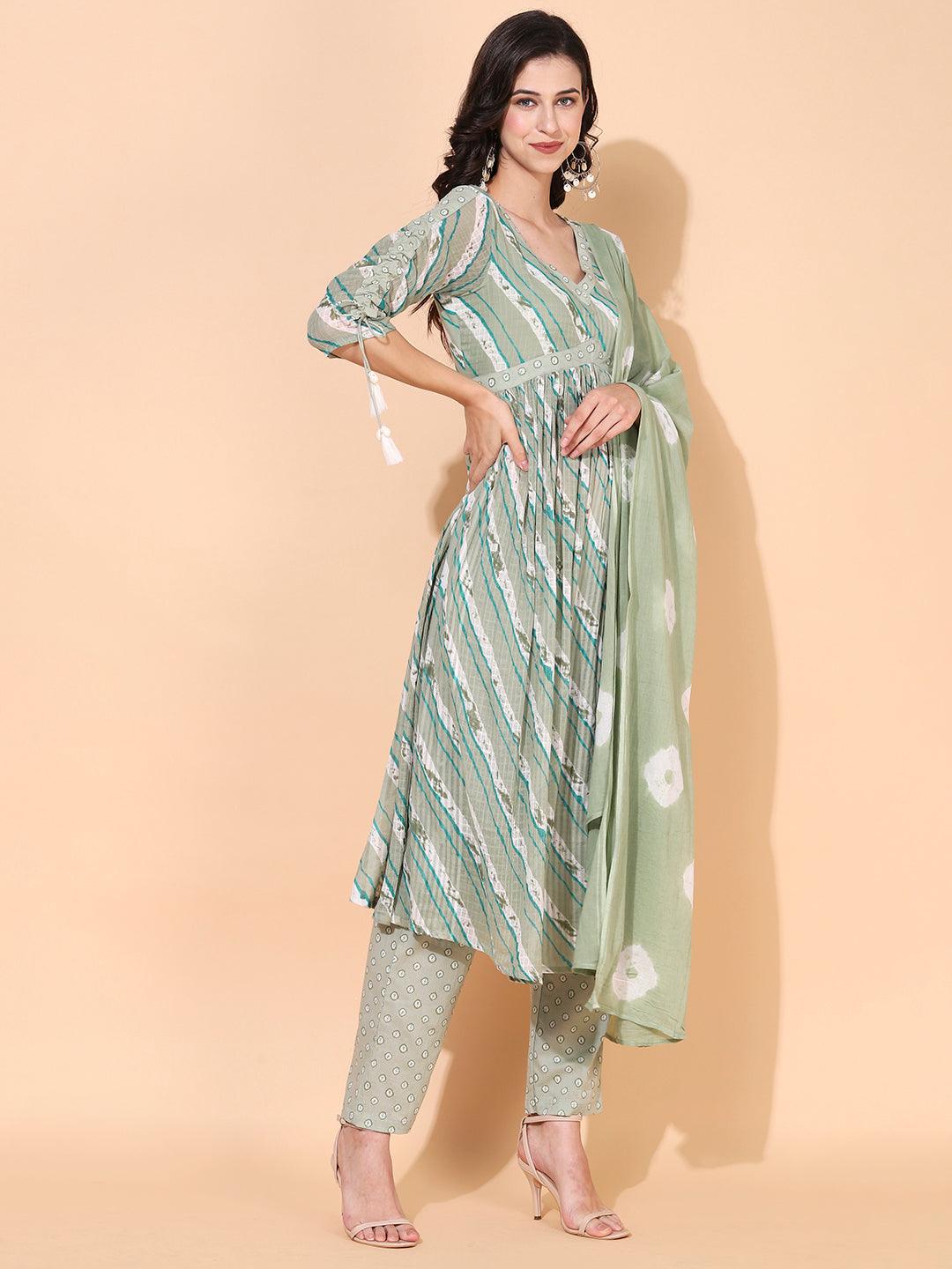 Ethnic Printed A-Line Kurta with Pants & Dupatta - Sage Green - Indiakreations