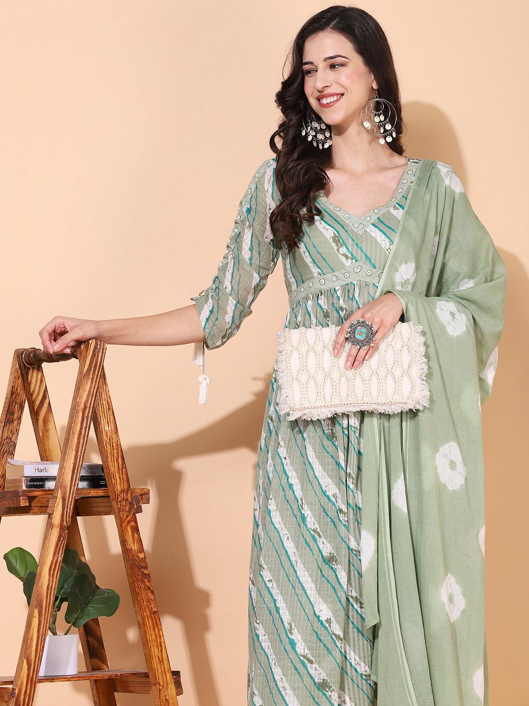 Ethnic Printed A-Line Kurta with Pants & Dupatta - Sage Green - Indiakreations