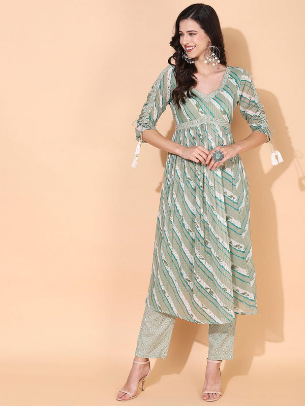 Ethnic Printed A-Line Kurta with Pants & Dupatta - Sage Green - Indiakreations