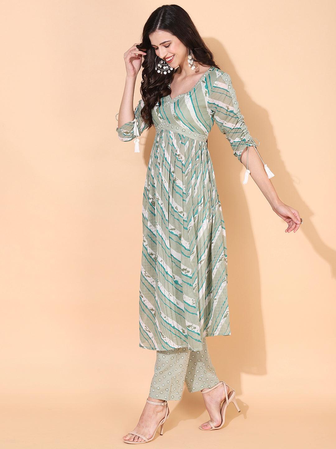 Ethnic Printed A-Line Kurta with Pants & Dupatta - Sage Green - Indiakreations