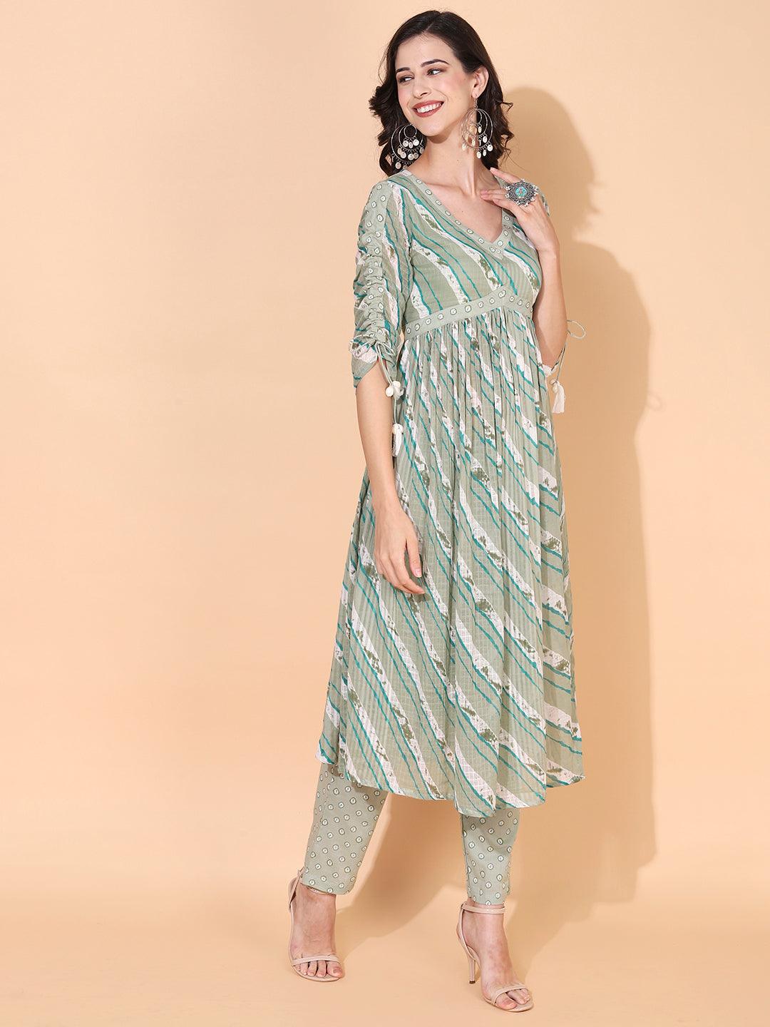 Ethnic Printed A-Line Kurta with Pants & Dupatta - Sage Green - Indiakreations