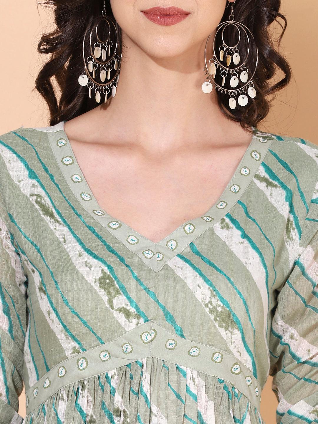 Ethnic Printed A-Line Kurta with Pants & Dupatta - Sage Green - Indiakreations