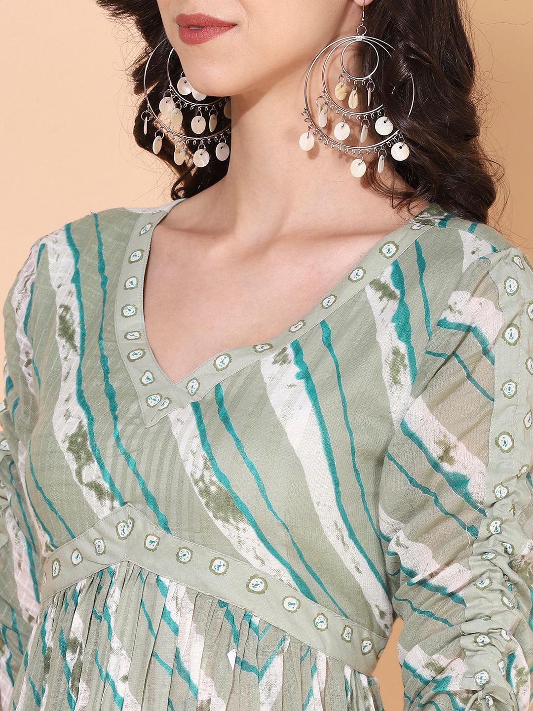 Ethnic Printed A-Line Kurta with Pants & Dupatta - Sage Green - Indiakreations