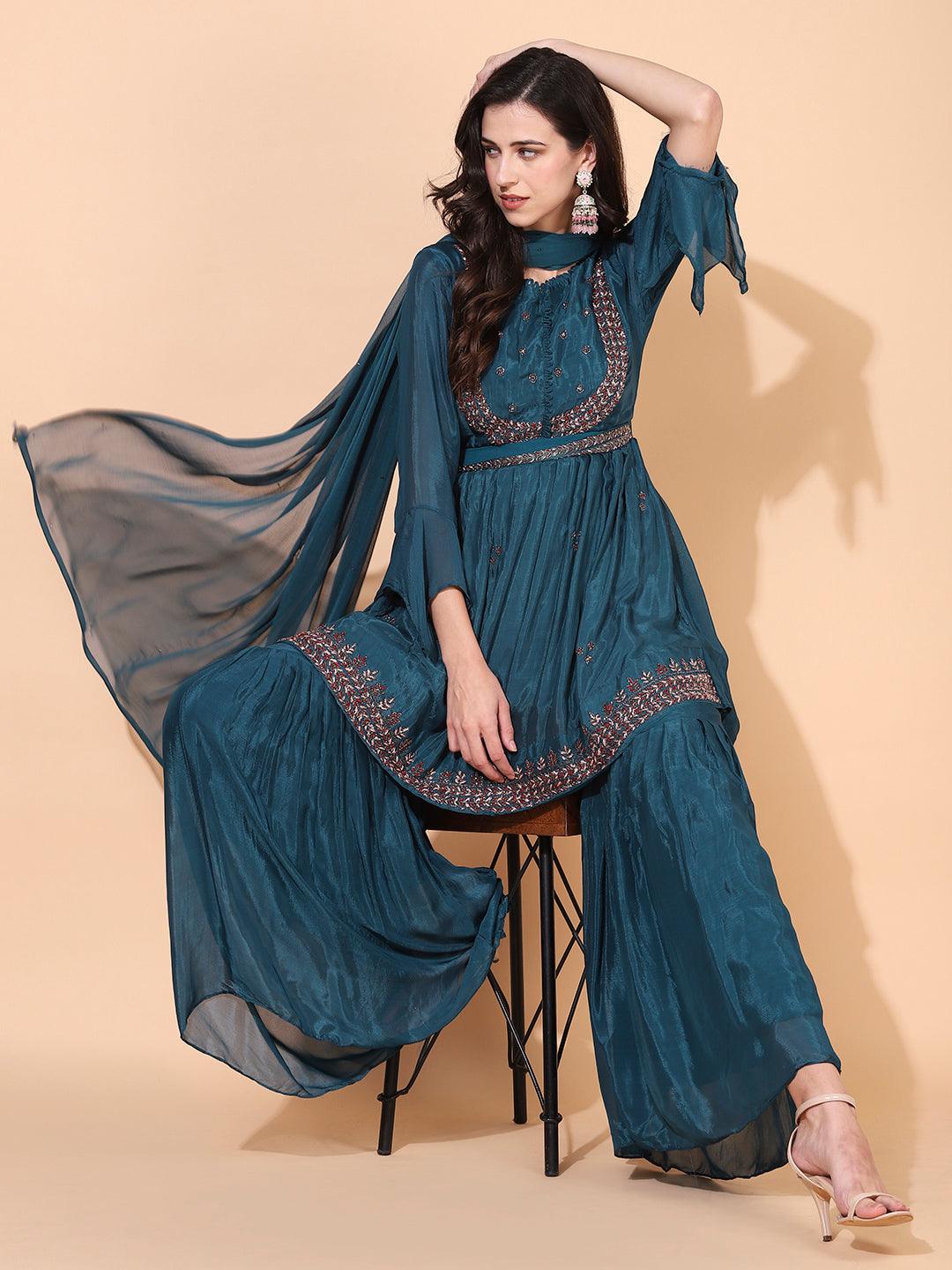 Ethnic Hand Embroidered Kurta with Sharara & Dupatta - Teal Blue - Indiakreations