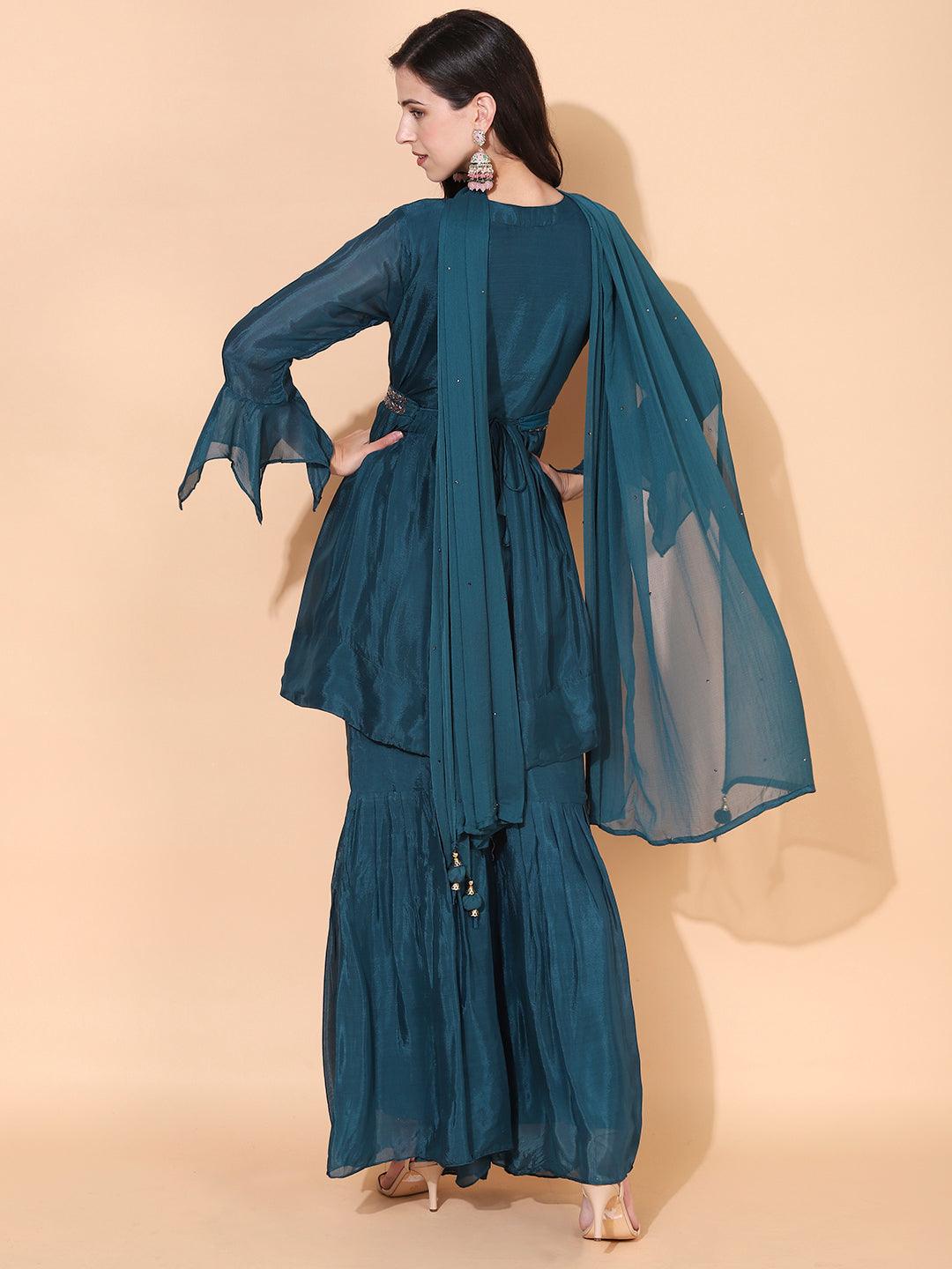 Ethnic Hand Embroidered Kurta with Sharara & Dupatta - Teal Blue - Indiakreations