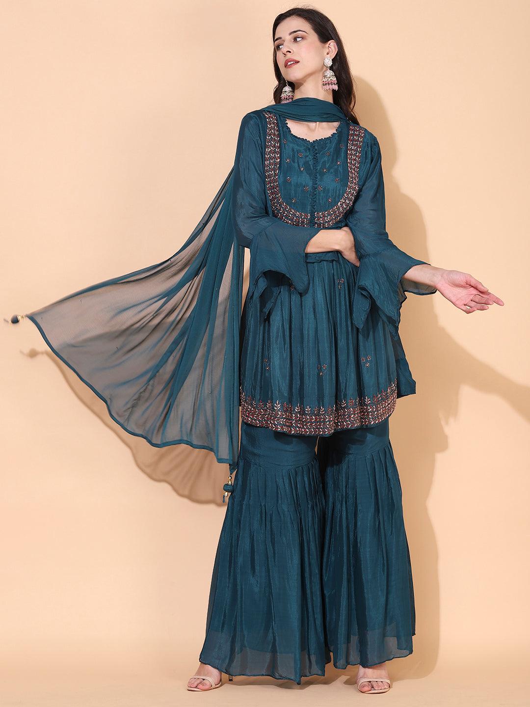 Ethnic Hand Embroidered Kurta with Sharara & Dupatta - Teal Blue - Indiakreations