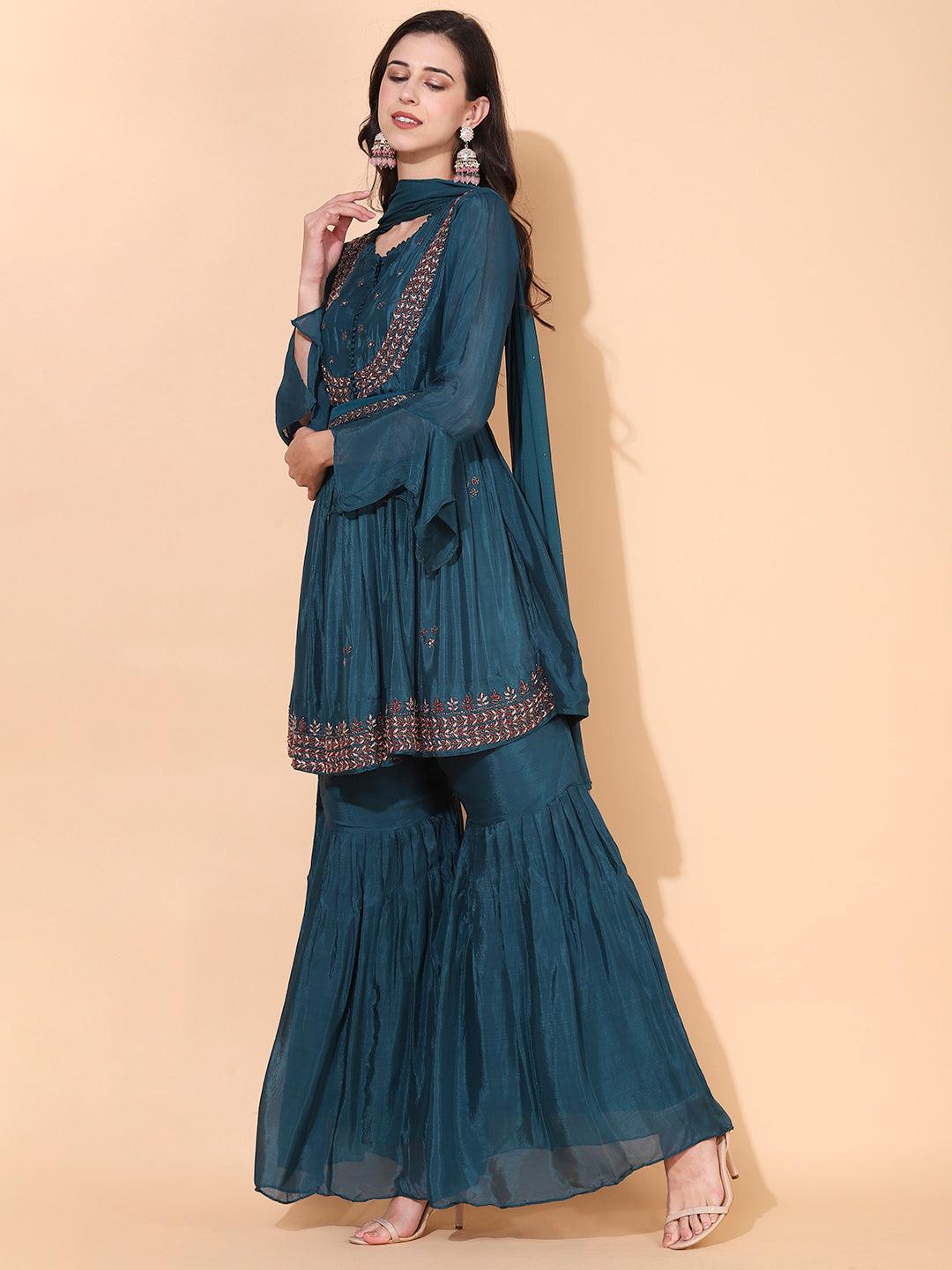 Ethnic Hand Embroidered Kurta with Sharara & Dupatta - Teal Blue - Indiakreations