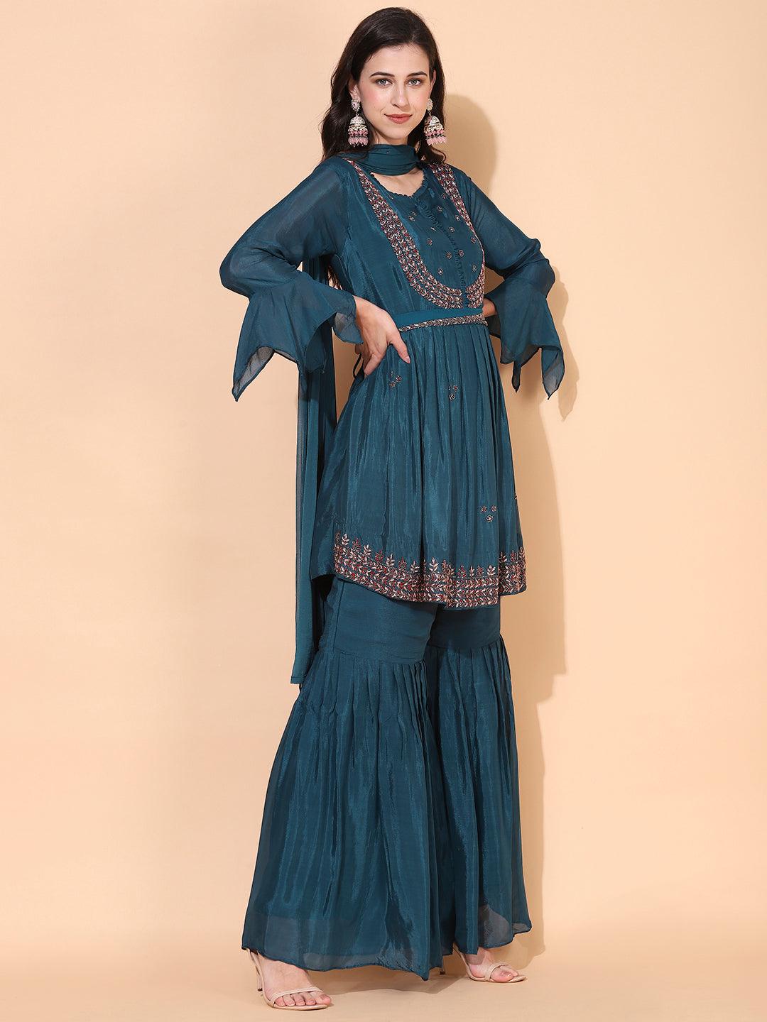 Ethnic Hand Embroidered Kurta with Sharara & Dupatta - Teal Blue - Indiakreations