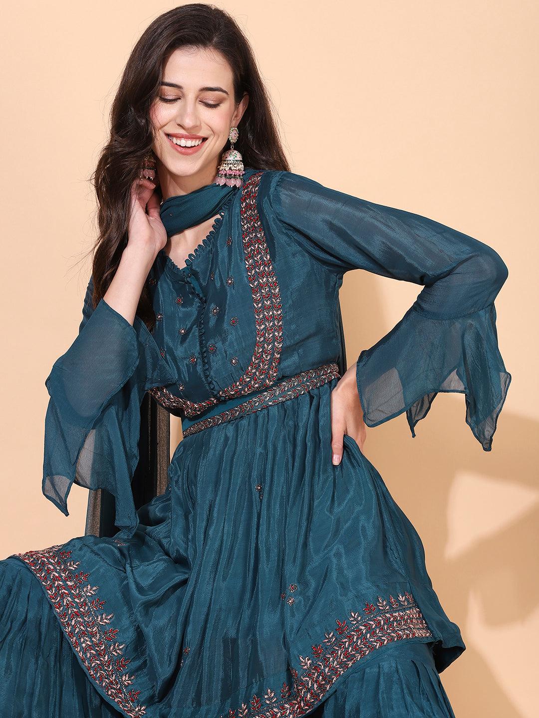 Ethnic Hand Embroidered Kurta with Sharara & Dupatta - Teal Blue - Indiakreations