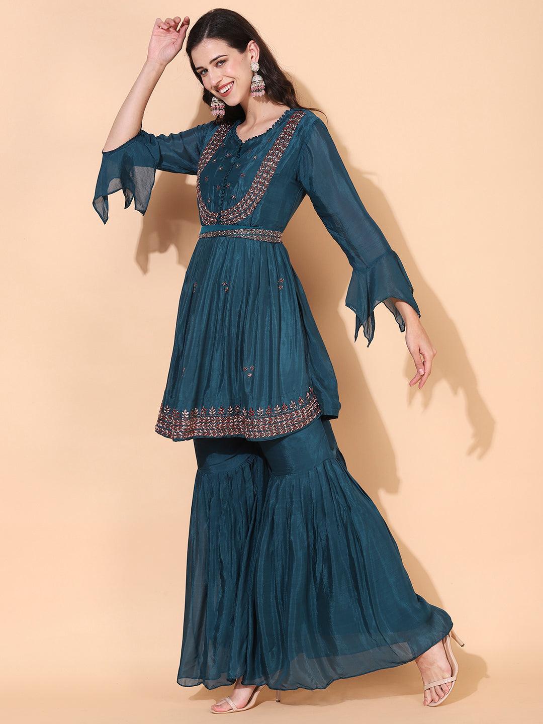 Ethnic Hand Embroidered Kurta with Sharara & Dupatta - Teal Blue - Indiakreations