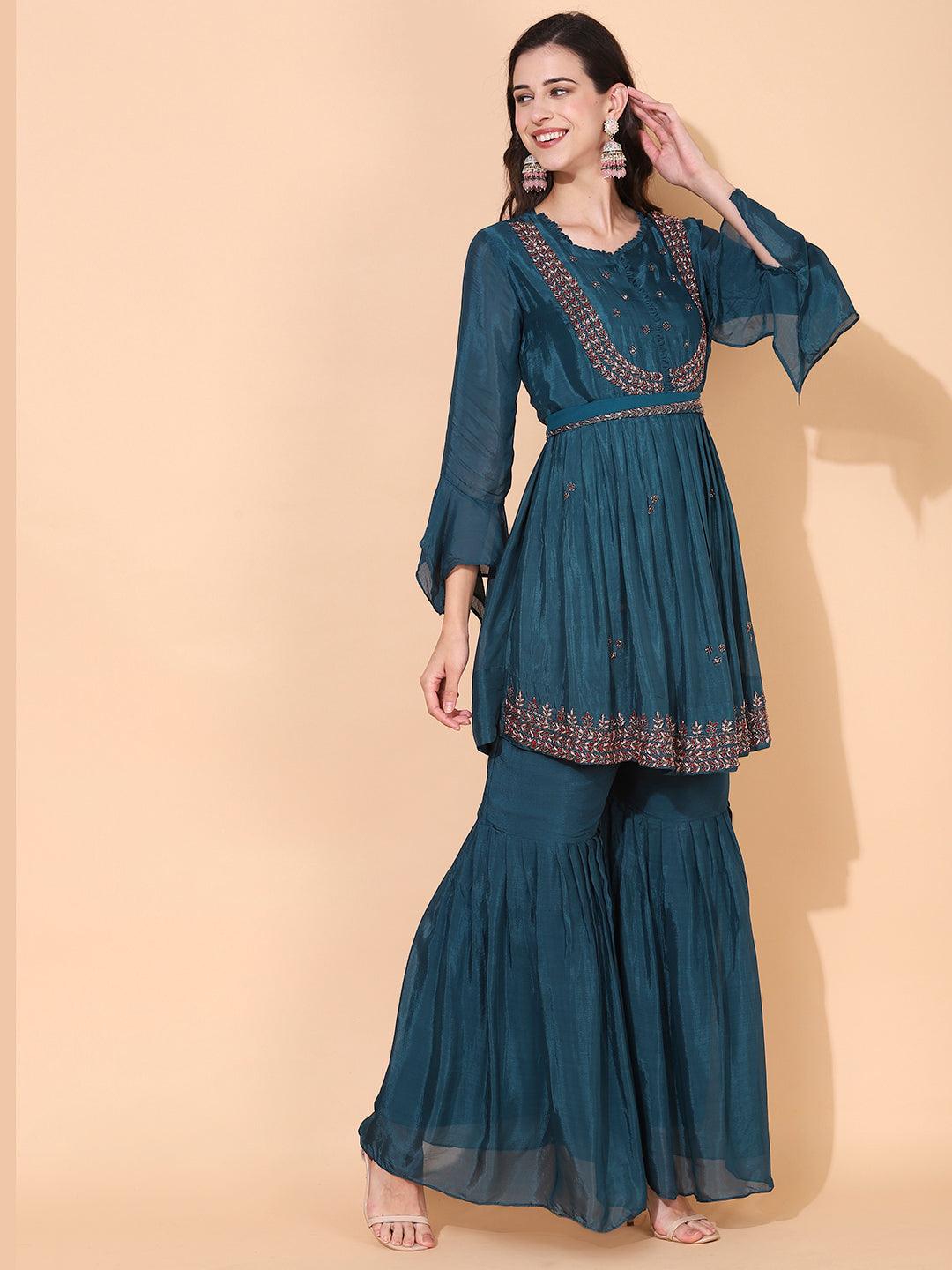 Ethnic Hand Embroidered Kurta with Sharara & Dupatta - Teal Blue - Indiakreations