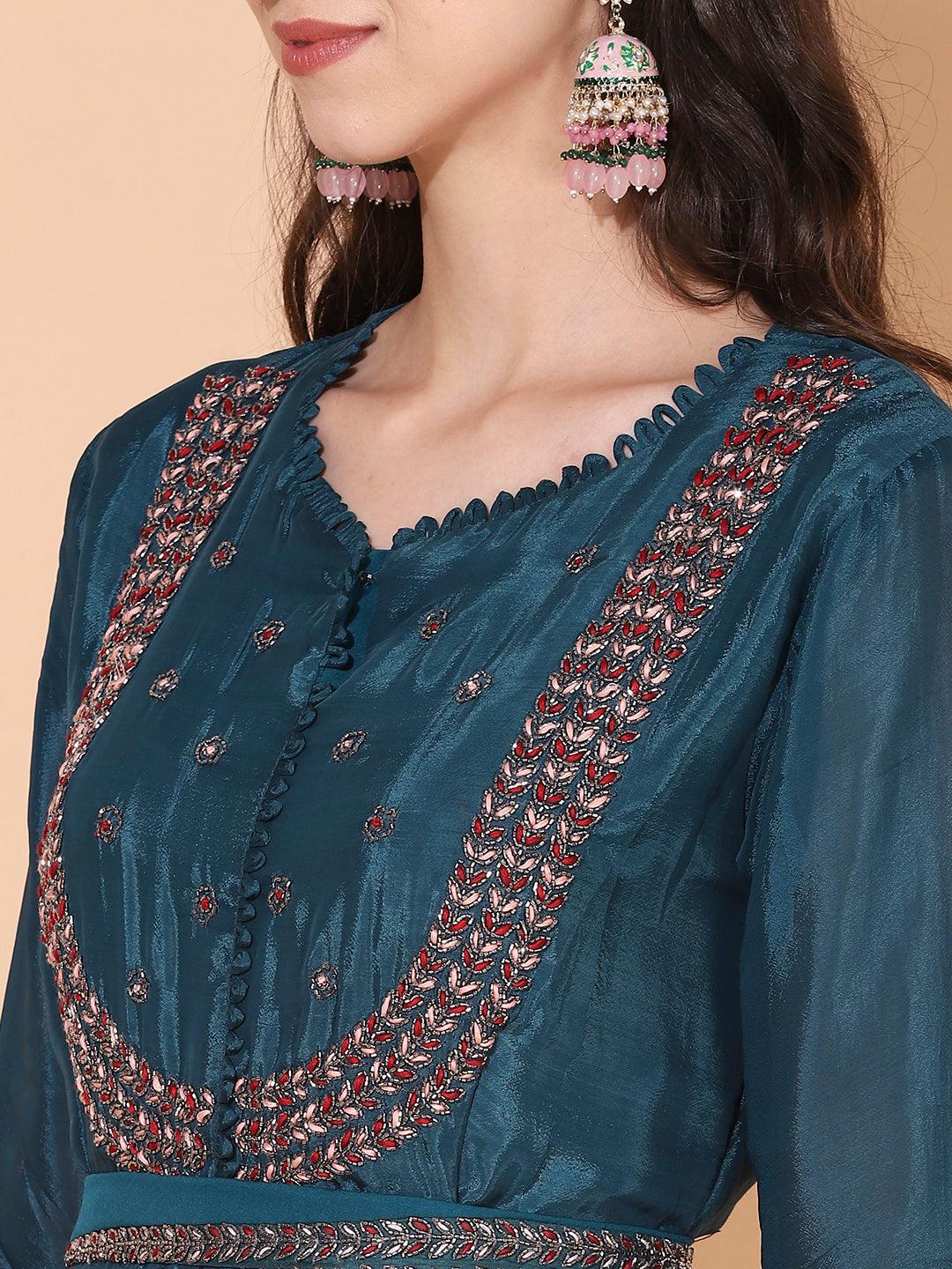 Ethnic Hand Embroidered Kurta with Sharara & Dupatta - Teal Blue - Indiakreations