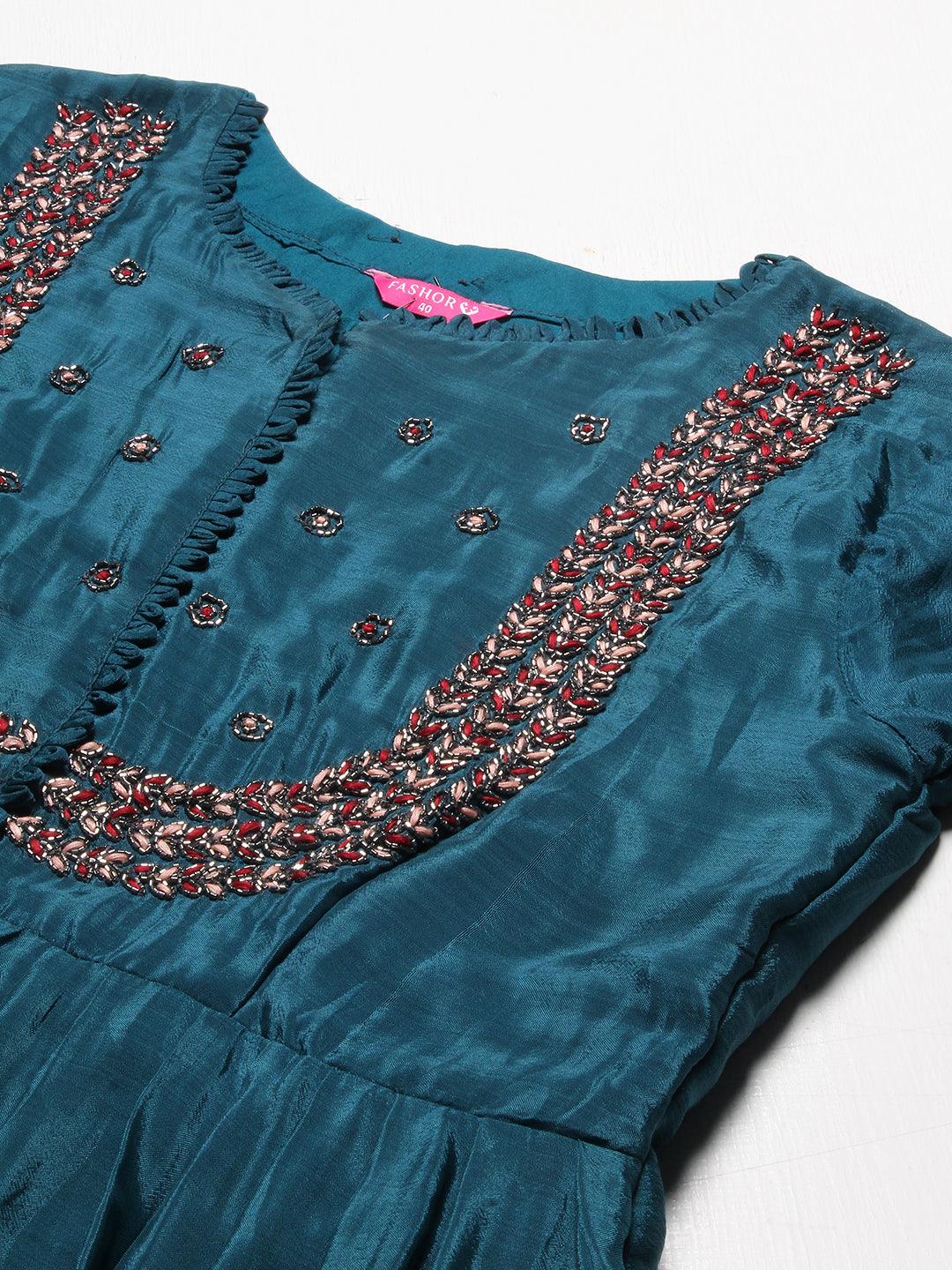 Ethnic Hand Embroidered Kurta with Sharara & Dupatta - Teal Blue - Indiakreations