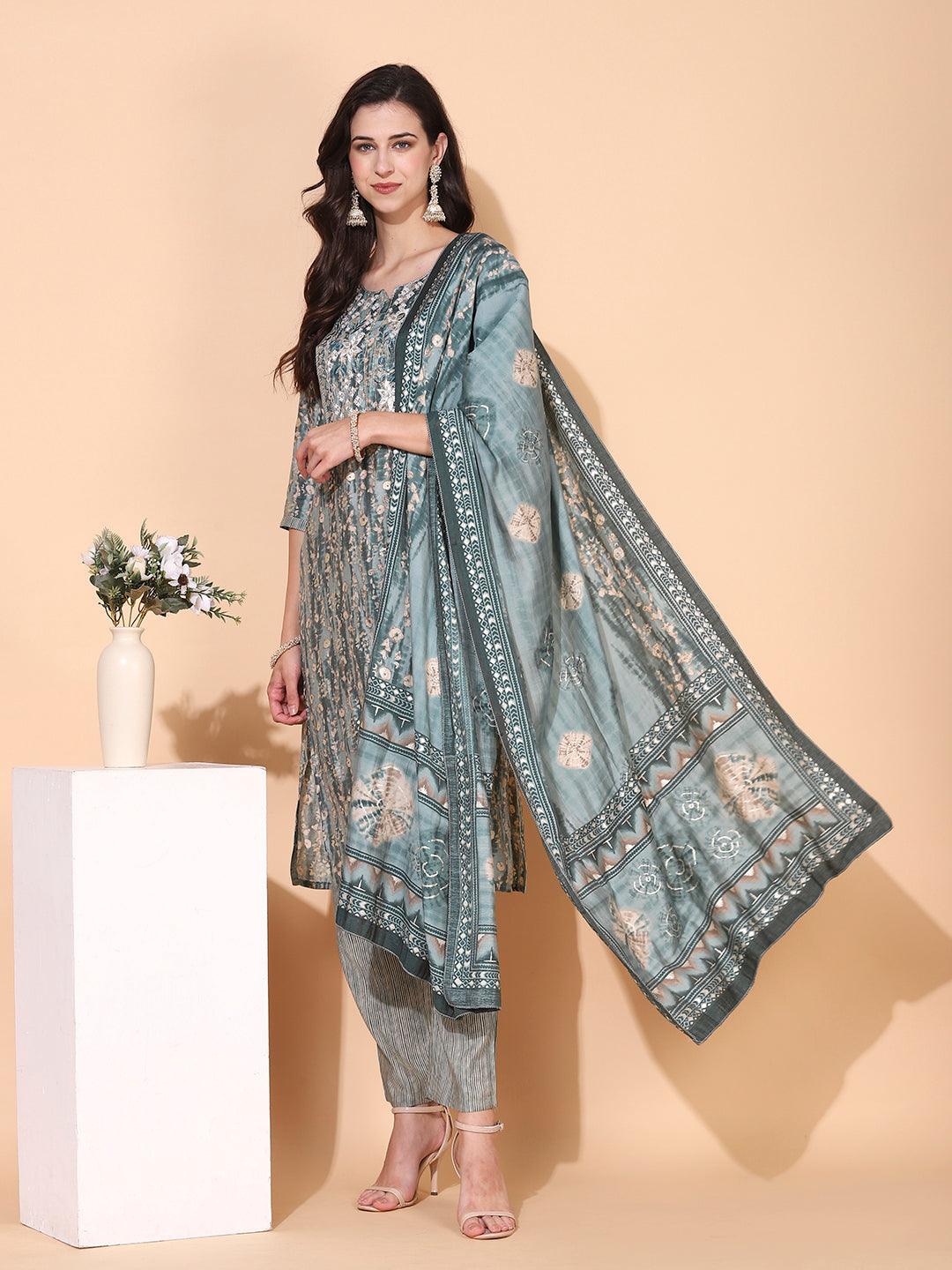 Ethnic Printed & Embroidered Straight Kurta with Pant & Dupatta - Sage Green - Indiakreations