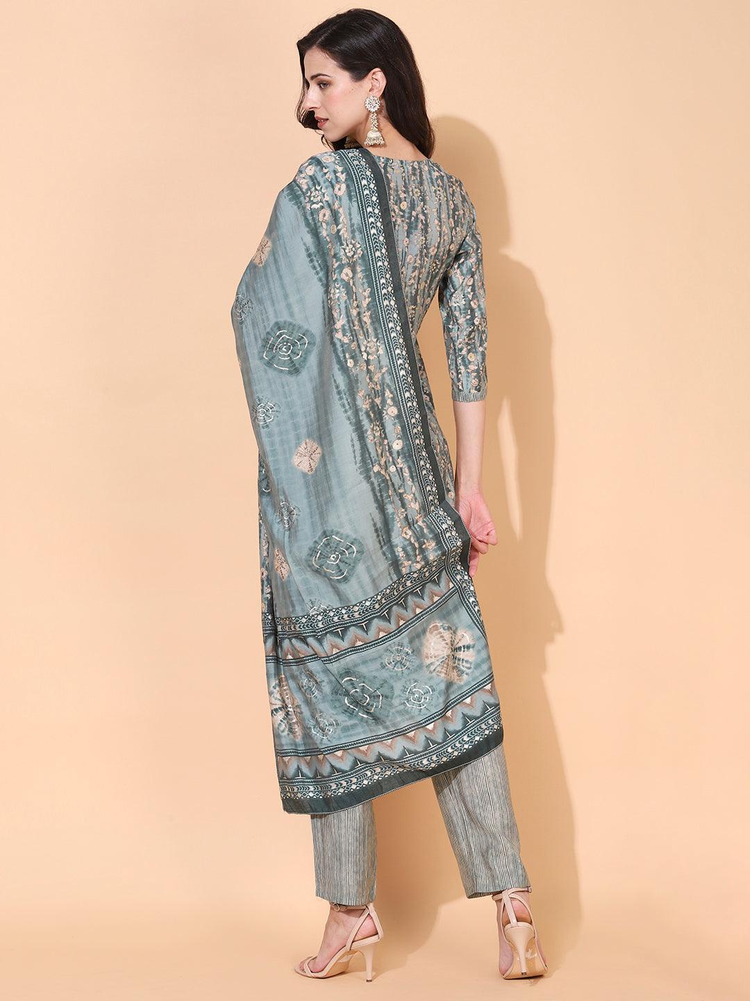 Ethnic Printed & Embroidered Straight Kurta with Pant & Dupatta - Sage Green - Indiakreations