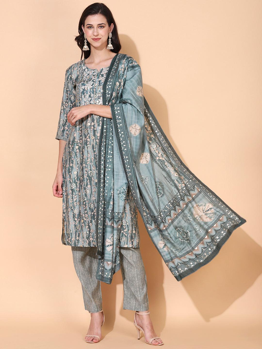 Ethnic Printed & Embroidered Straight Kurta with Pant & Dupatta - Sage Green - Indiakreations